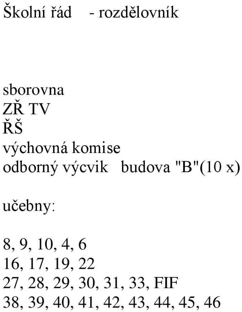 učebny: 8, 9, 10, 4, 6 16, 17, 19, 22 27, 28,