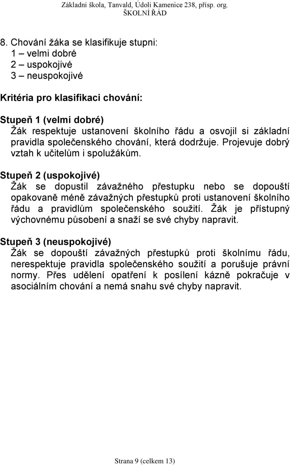 Stupeň 2 (uspokojivé) Žák se dopustil závažného přestupku nebo se dopouští opakovaně méně závažných přestupků proti ustanovení školního řádu a pravidlům společenského soužití.