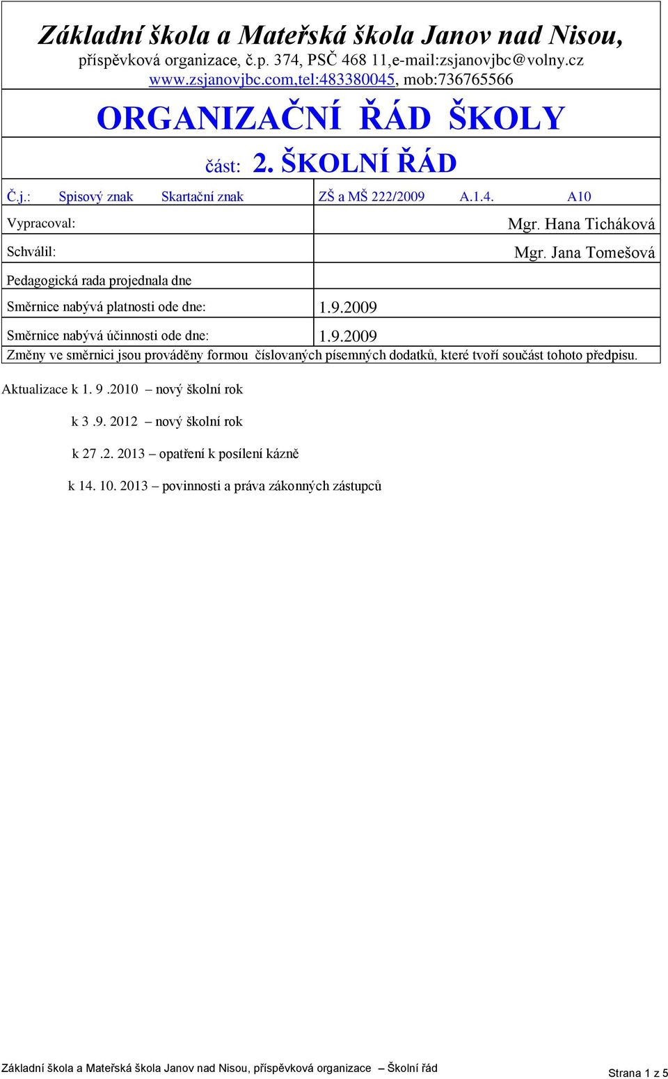 Jana Tomešová Pedagogická rada projednala dne Směrnice nabývá platnosti ode dne: 1.9.