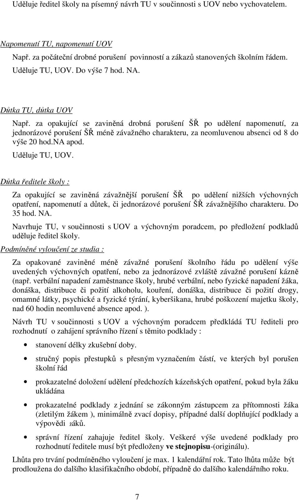 za opakující se zaviněná drobná porušení ŠŘ po udělení napomenutí, za jednorázové porušení ŠŘ méně závažného charakteru, za neomluvenou absenci od 8 do výše 20 hod.na apod. Uděluje TU, UOV.