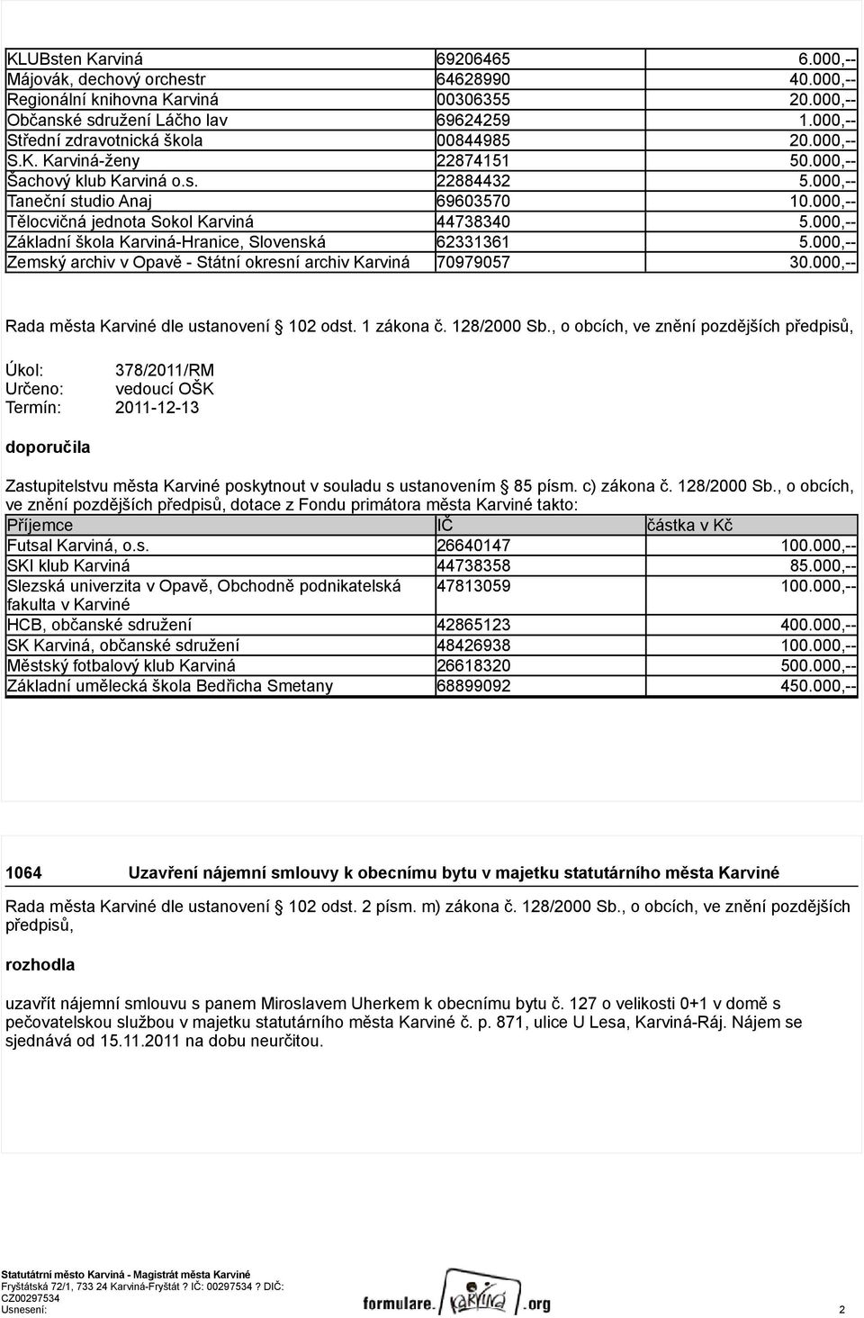 000,-- Tělocvičná jednota Sokol Karviná 44738340 5.000,-- Základní škola Karviná-Hranice, Slovenská 62331361 5.000,-- Zemský archiv v Opavě - Státní okresní archiv Karviná 70979057 30.