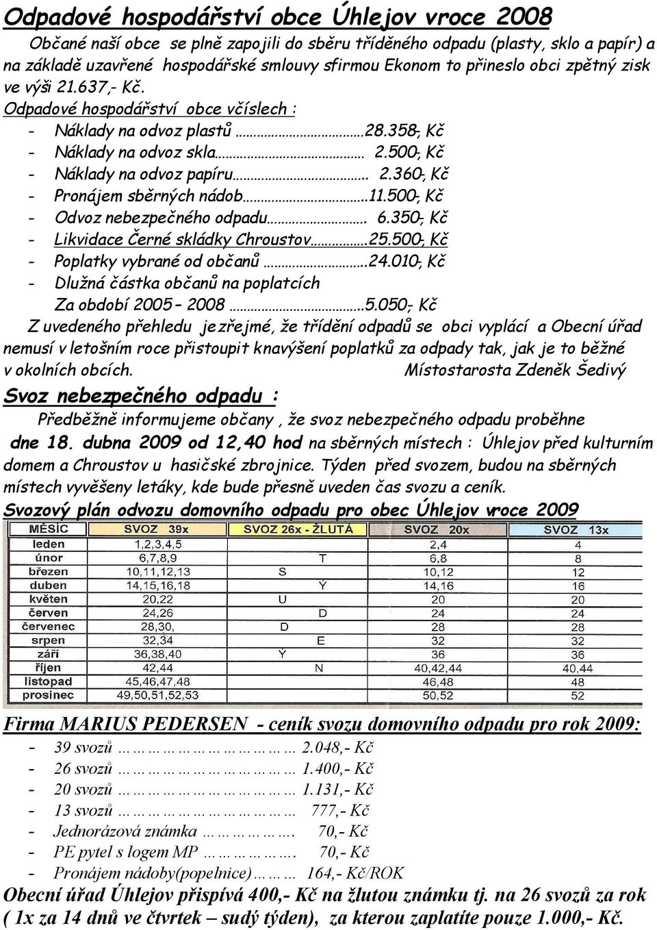 .11.500,- Kč - Odvoz nebezpečného odpadu. 6.350,- Kč - Likvidace Černé skládky Chroustov.25.500,- Kč - Poplatky vybrané od občanů..24.010,- Kč - Dlužná částka občanů na poplatcích Za období 2005 2008.