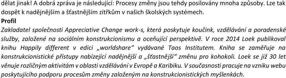 V roce 2014 Loek publikoval knihu Happily different v edici worldshare vydávané Taos Institutem.