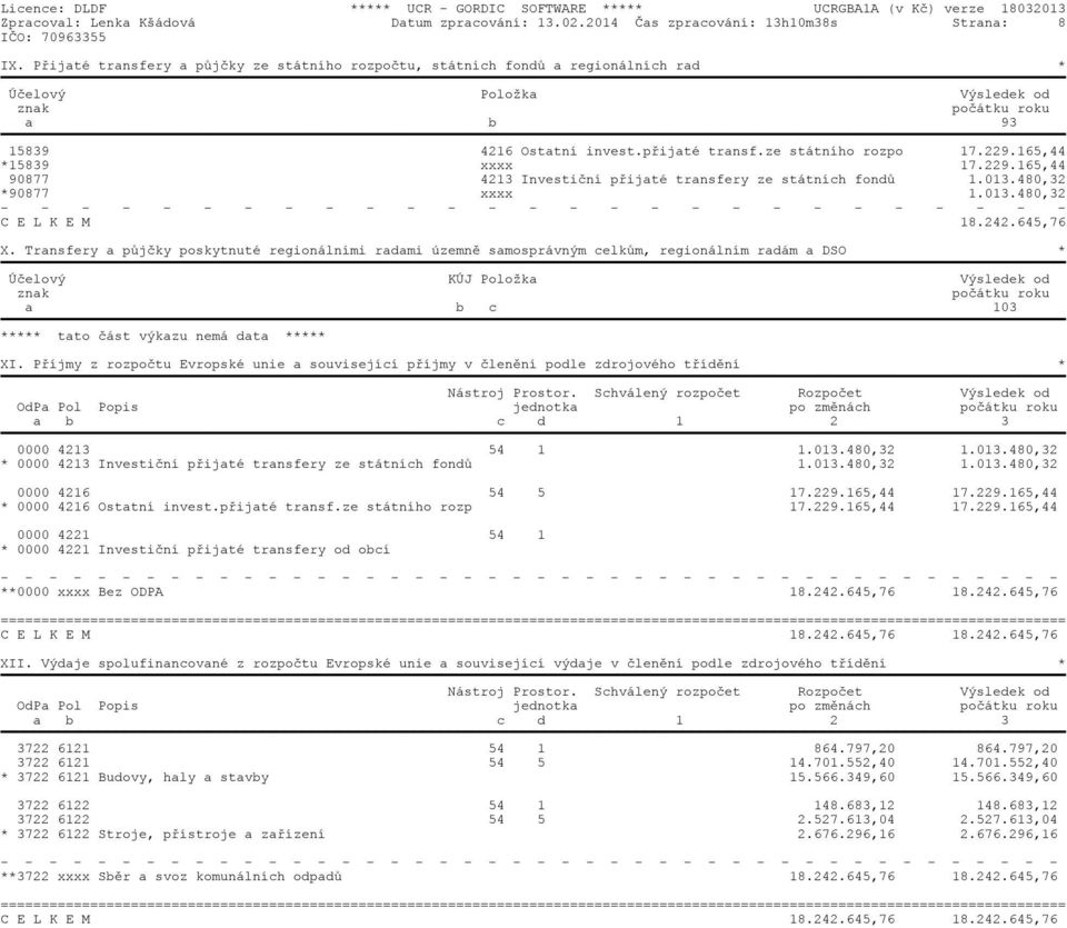 229.165,44 *15839 xxxx 17.229.165,44 90877 4213 Investièní pøijaté transfery ze státních fondù 1.013.480,32 *90877 xxxx 1.013.480,32 - - - - - - - - - - - - - - - - - - - - - - - - - - - C E L K E M 18.