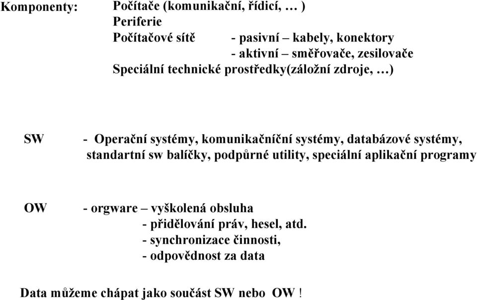 databázové systémy, standartní sw balíčky, podpůrné utility, speciální aplikační programy OW - orgware vyškolená