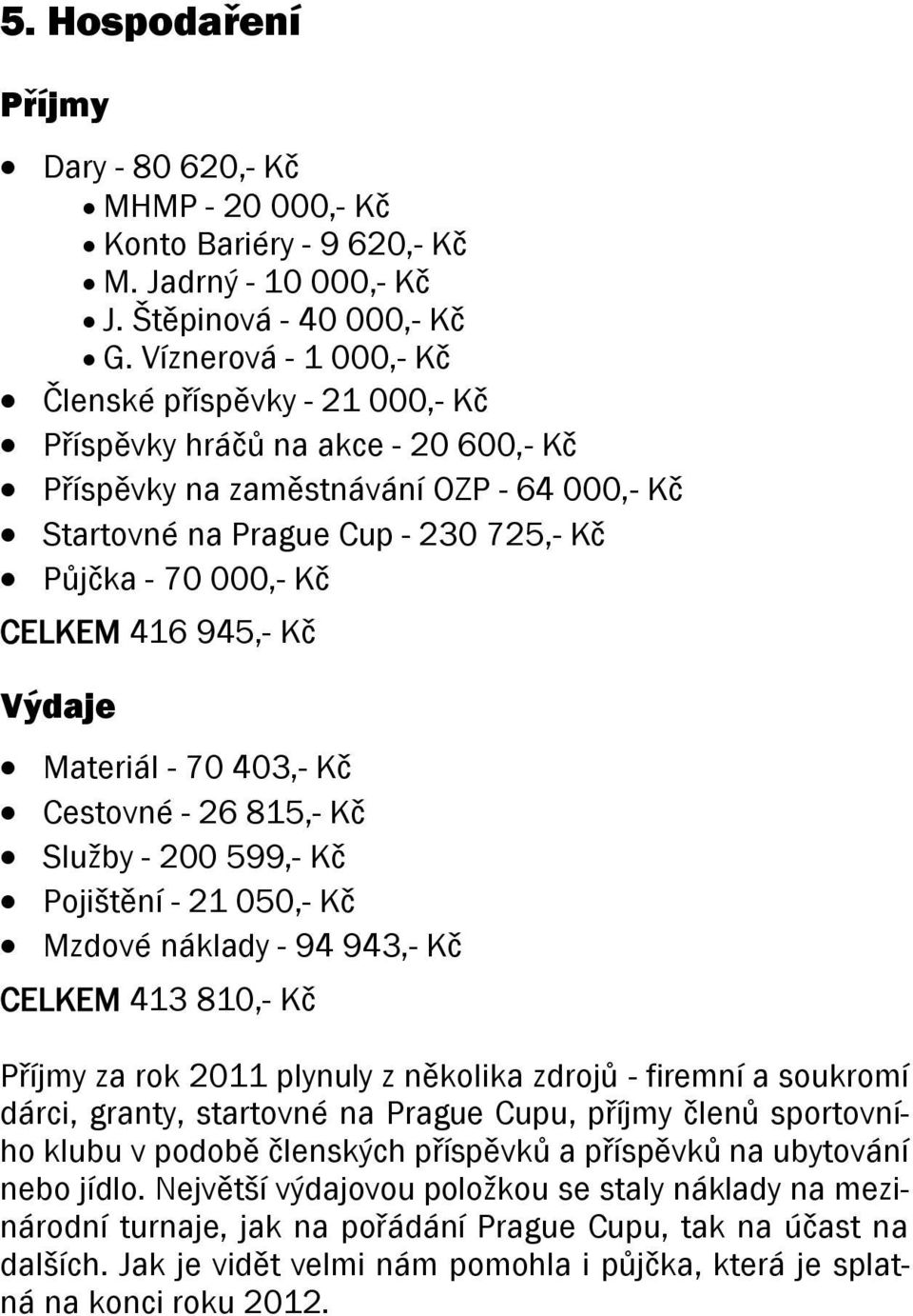 CELKEM 416 945,- Kč Výdaje Materiál - 70 403,- Kč Cestovné - 26 815,- Kč Služby - 200 599,- Kč Pojištění - 21 050,- Kč Mzdové náklady - 94 943,- Kč CELKEM 413 810,- Kč Příjmy za rok 2011 plynuly z