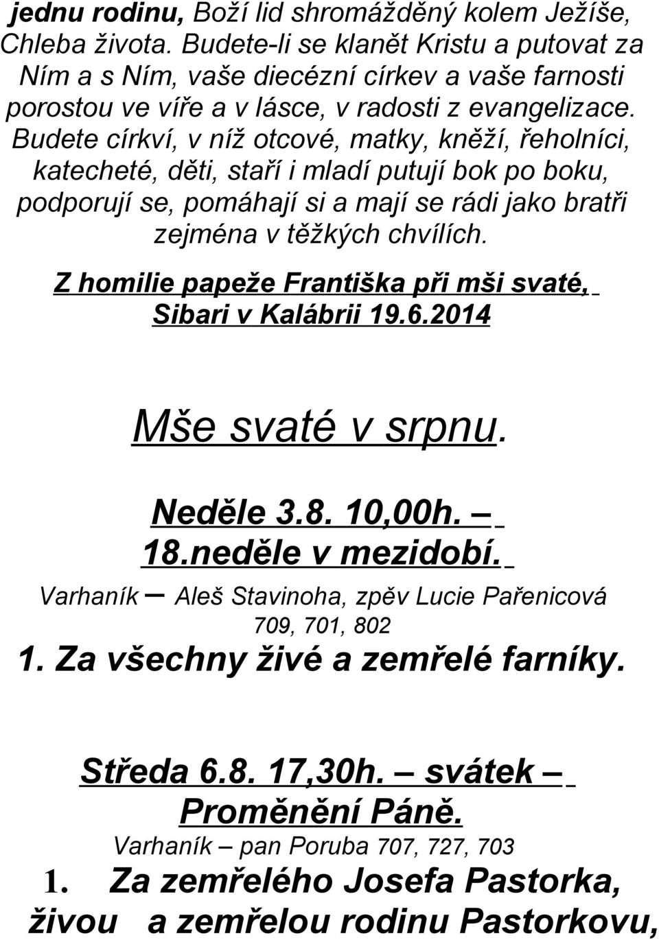 Budete církví, v níž otcové, matky, kněží, řeholníci, katecheté, děti, staří i mladí putují bok po boku, podporují se, pomáhají si a mají se rádi jako bratři zejména v těžkých chvílích.