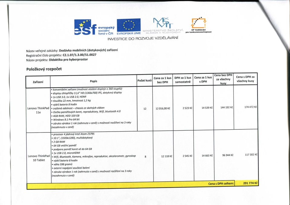 0027 Nazev projektu: Didaktika pro kyberprostor Polozkovy rozpocet Zanzeni Popis Poletkusu Lenovo ThinkPad lie konvertibilni zarizeni (moznost otoieni displeje o 360stupnO} display uhlopficky 11,6"HD