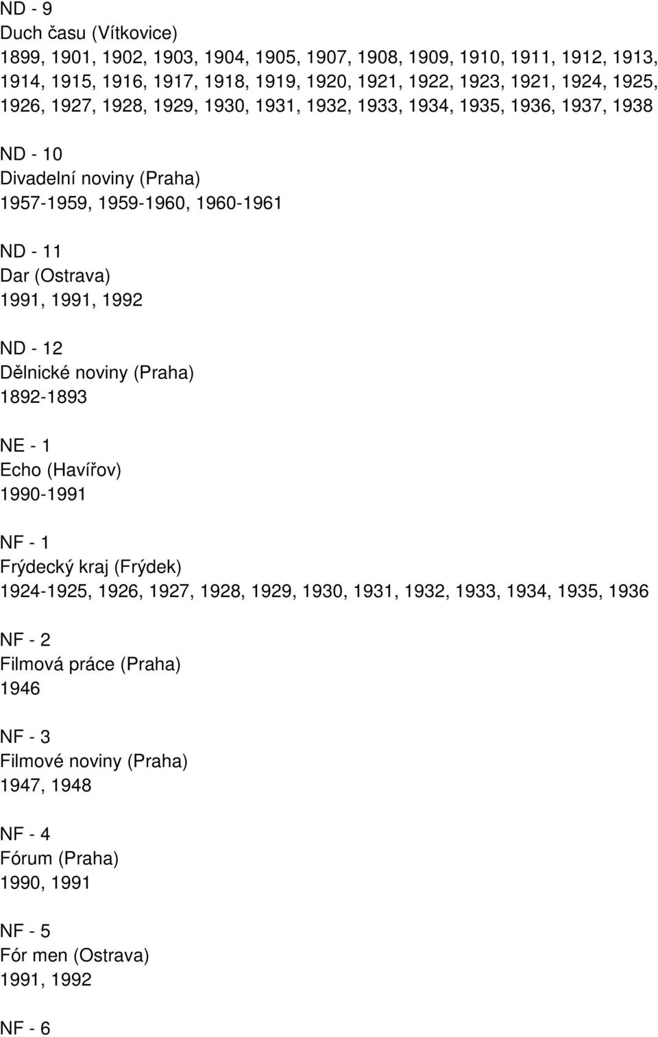 (Ostrava) 1991, 1991, 1992 ND - 12 Dělnické noviny (Praha) 1892-1893 NE - 1 Echo (Havířov) 1990-1991 NF - 1 Frýdecký kraj (Frýdek) 1924-1925, 1926, 1927, 1928, 1929, 1930,