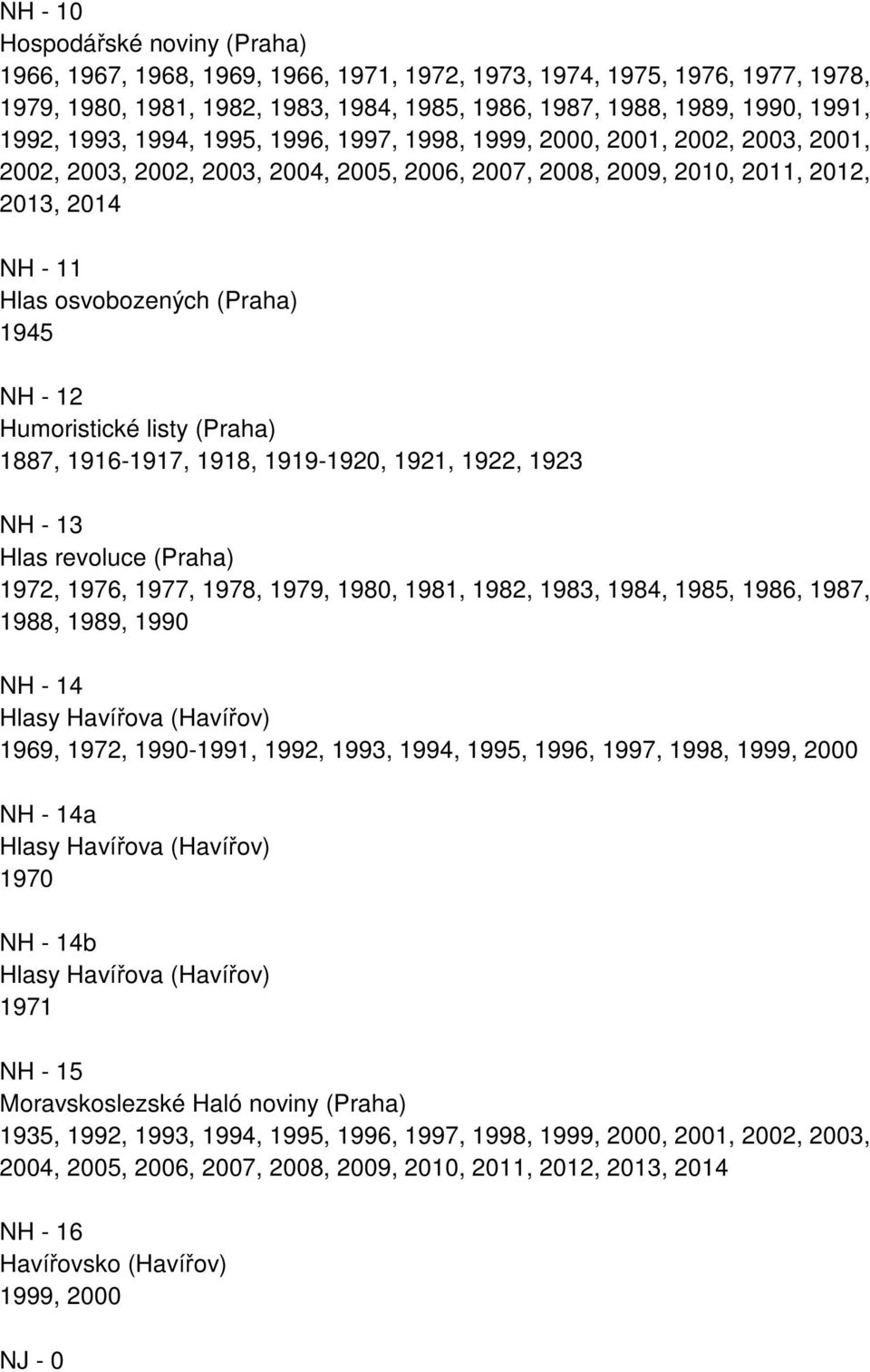 NH - 12 Humoristické listy (Praha) 1887, 1916-1917, 1918, 1919-1920, 1921, 1922, 1923 NH - 13 Hlas revoluce (Praha) 1972, 1976, 1977, 1978, 1979, 1980, 1981, 1982, 1983, 1984, 1985, 1986, 1987, 1988,
