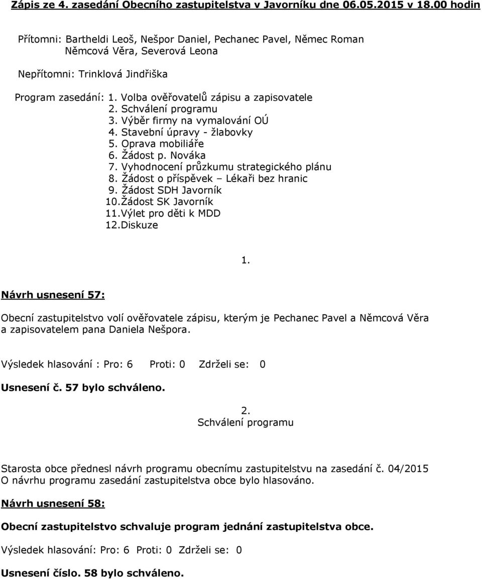 Volba ověřovatelů zápisu a zapisovatele 2. Schválení programu 3. Výběr firmy na vymalování OÚ 4. Stavební úpravy - žlabovky 5. Oprava mobiliáře 6. Žádost p. Nováka 7.