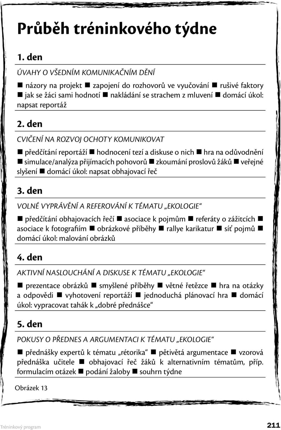 den CVIČENÍ NA ROZVOJ OCHOTY KOMUNIKOVAT předčítání reportáží hodnocení tezí a diskuse o nich hra na odůvodnění simulace/analýza přijímacích pohovorů zkoumání proslovů žáků veřejné slyšení domácí
