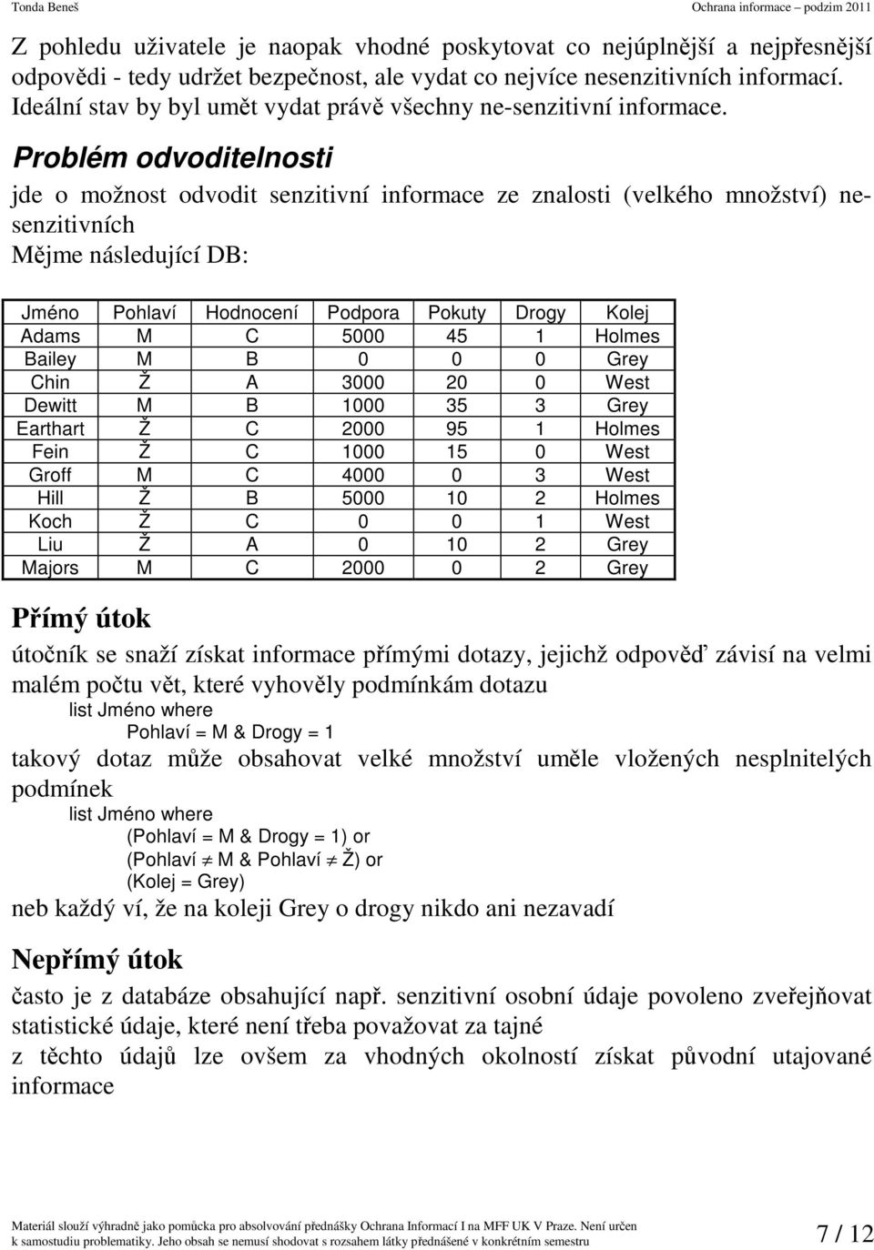 Problém odvoditelnosti jde o možnost odvodit senzitivní informace ze znalosti (velkého množství) nesenzitivních Mějme následující DB: Jméno Pohlaví Hodnocení Podpora Pokuty Drogy Kolej Adams M C 5000