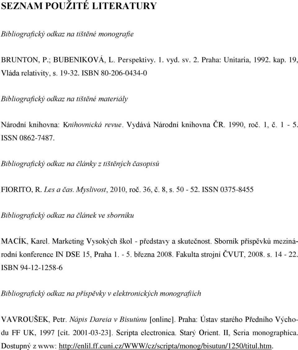 Bibliografický odkaz na články z tištěných časopisů FIORITO, R. Les a čas. Myslivost, 2010, roč. 36, č. 8, s. 50-52. ISSN 0375-8455 Bibliografický odkaz na článek ve sborníku MACÍK, Karel.