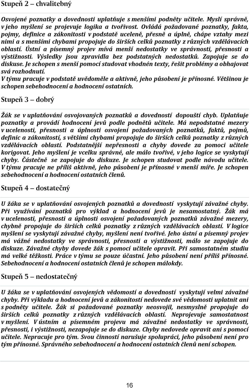 vzdělávacích oblastí. Ústní a písemný projev mívá menší nedostatky ve správnosti, přesnosti a výstižnosti. Výsledky jsou zpravidla bez podstatných nedostatků. Zapojuje se do diskuse.