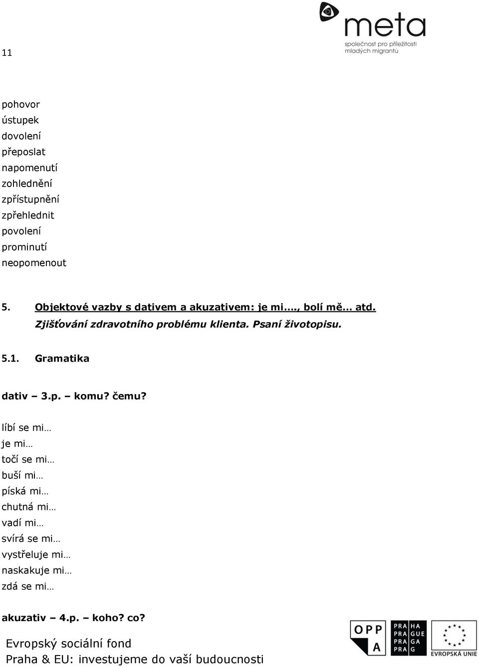 Zjišťování zdravotního problému klienta. Psaní životopisu. 5.1. Gramatika dativ 3.p. komu? čemu?