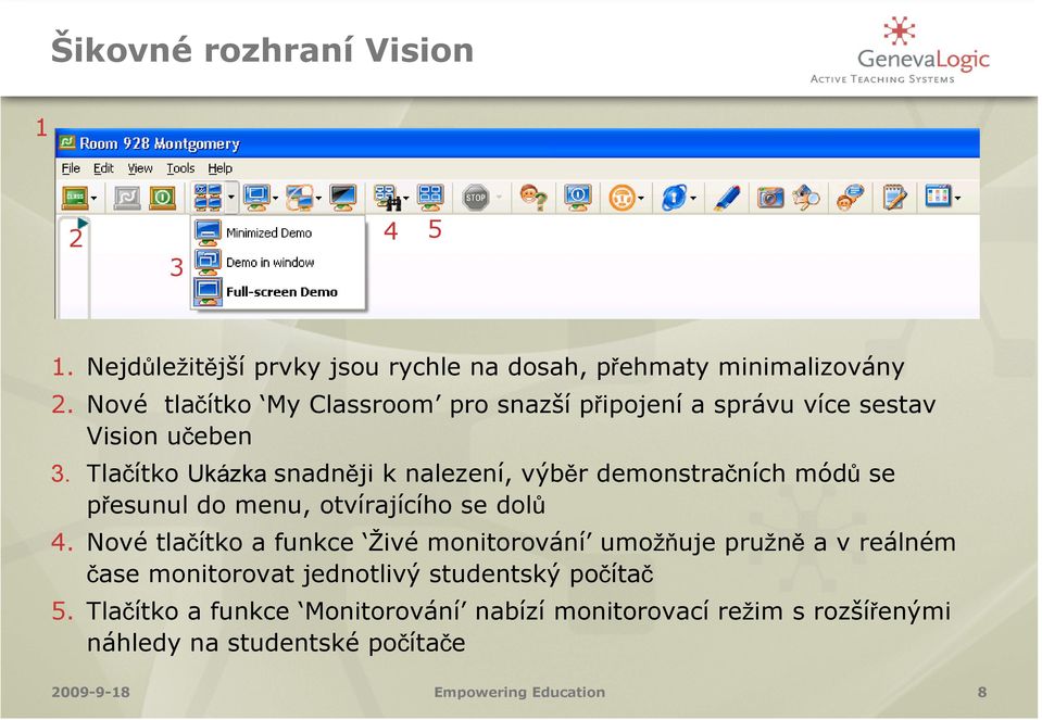 Tlačítko Ukázka snadněji k nalezení, výběr demonstračních módů se přesunul do menu, otvírajícího se dolů 4.