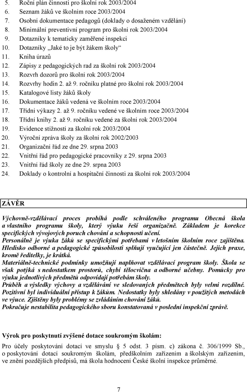 Zápisy z pedagogických rad za školní rok 2003/2004 13. Rozvrh dozorů pro školní rok 2003/2004 14. Rozvrhy hodin 2. až 9. ročníku platné pro školní rok 2003/2004 15. Katalogové listy žáků školy 16.