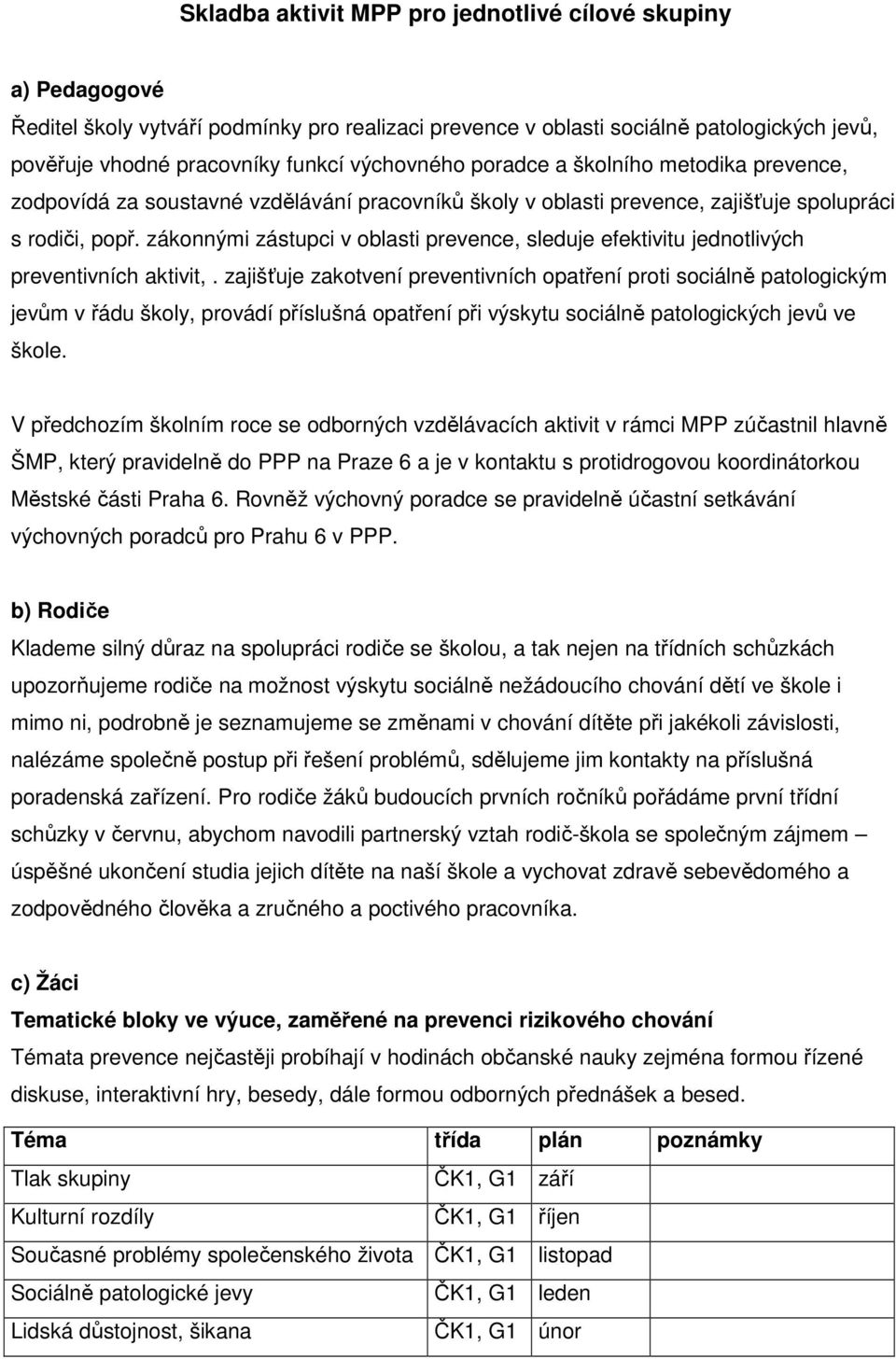 zákonnými zástupci v oblasti prevence, sleduje efektivitu jednotlivých preventivních aktivit,.