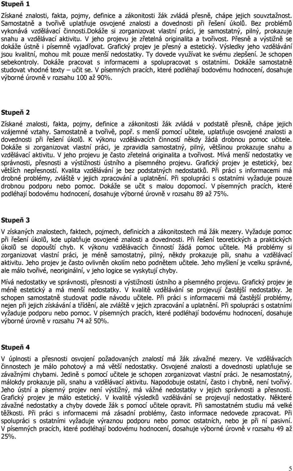 Přesně a výstižně se dokáže ústně i písemně vyjadřovat. Grafický projev je přesný a estetický. Výsledky jeho vzdělávání jsou kvalitní, mohou mít pouze menší nedostatky.