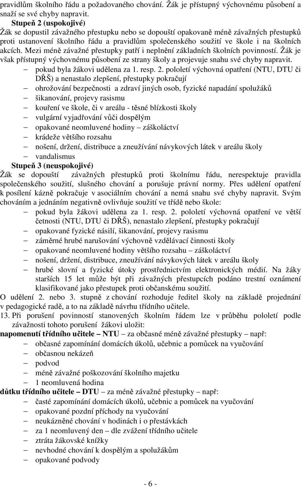 akcích. Mezi méně závažné přestupky patří i neplnění základních školních povinností. Žák je však přístupný výchovnému působení ze strany školy a projevuje snahu své chyby napravit.