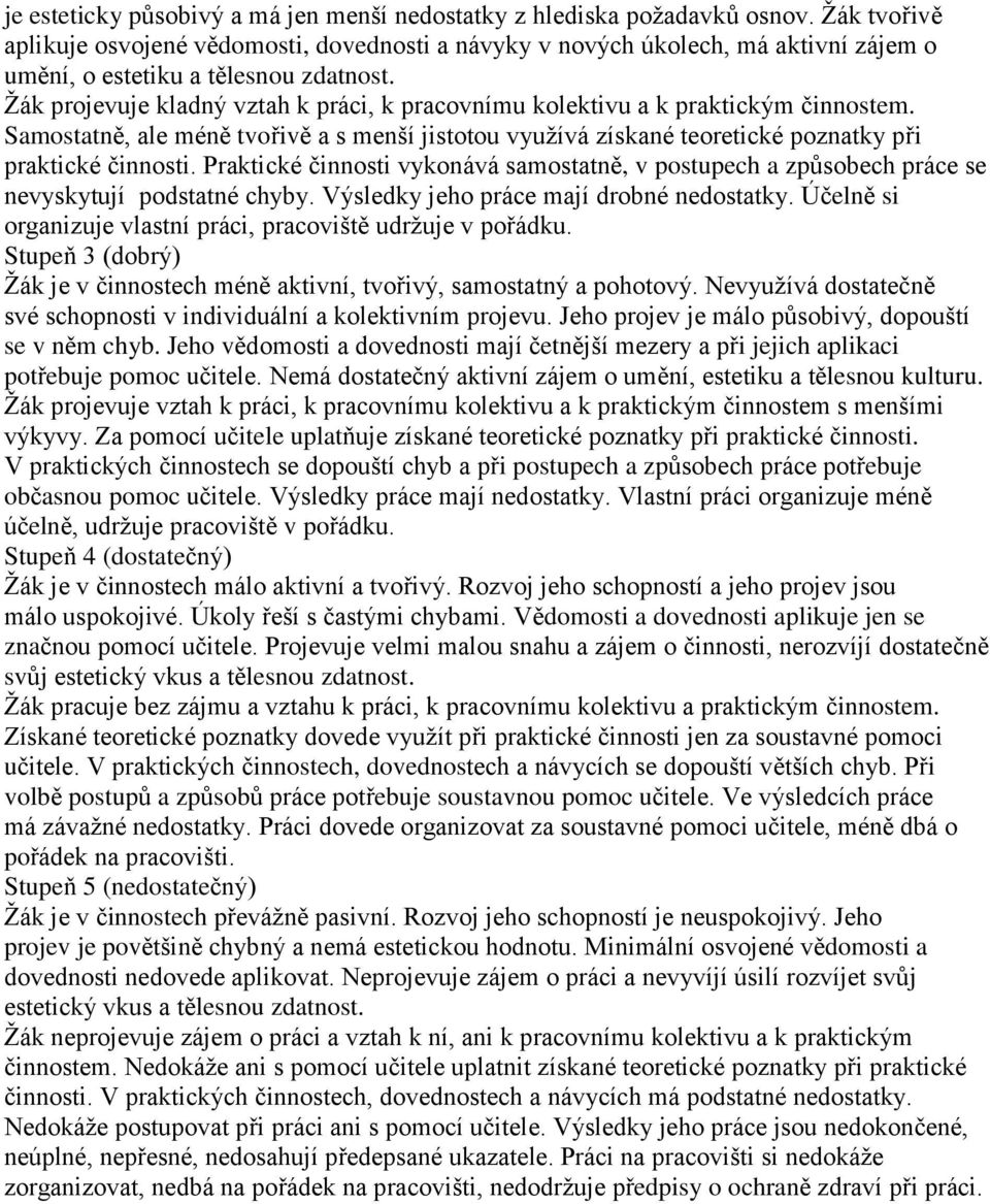 Žák projevuje kladný vztah k práci, k pracovnímu kolektivu a k praktickým činnostem. Samostatně, ale méně tvořivě a s menší jistotou využívá získané teoretické poznatky při praktické činnosti.