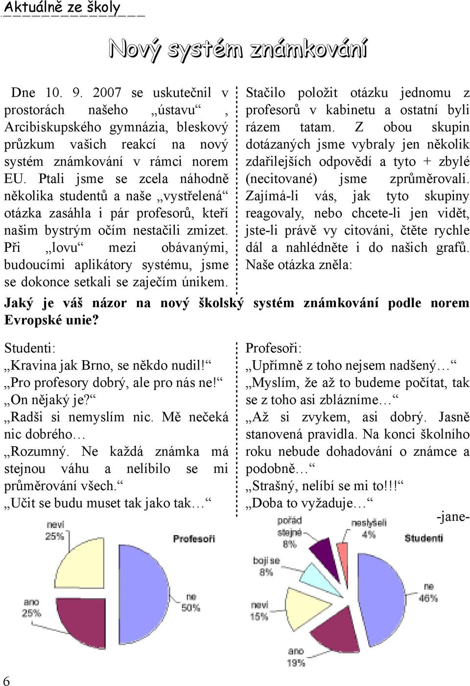 Ptali js m e s e zce la náh odně něk olik a studentů a naše vystřelená otázk a zasáh la i pár profesorů, k teří našim bystrým očím nestačili zm izet.