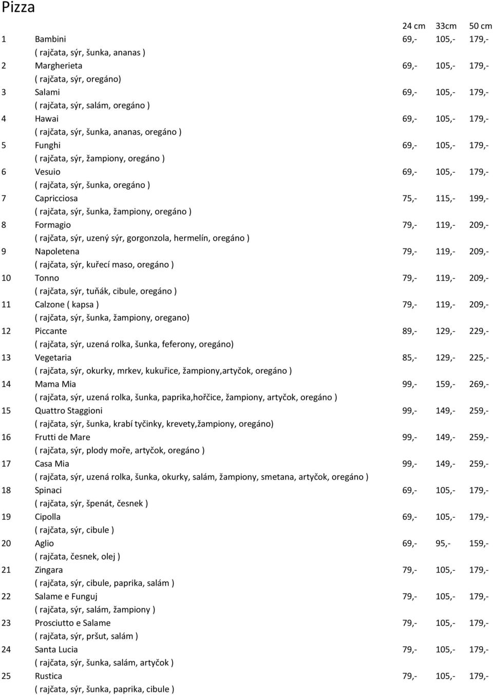 75,- 115,- 199,- ( rajčata, sýr, šunka, žampiony, oregáno ) 8 Formagio 79,- 119,- 209,- ( rajčata, sýr, uzený sýr, gorgonzola, hermelín, oregáno ) 9 Napoletena 79,- 119,- 209,- ( rajčata, sýr, kuřecí