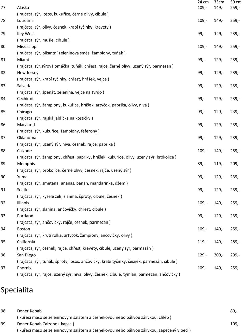 tuňák, chřest, rajče, černé olivy, uzený sýr, parmezán ) 82 New Jersey 99,- 129,- 239,- ( rajčata, sýr, krabí tyčinky, chřest, hrášek, vejce ) 83 Salvada 99,- 129,- 239,- ( rajčata, sýr, špenát,