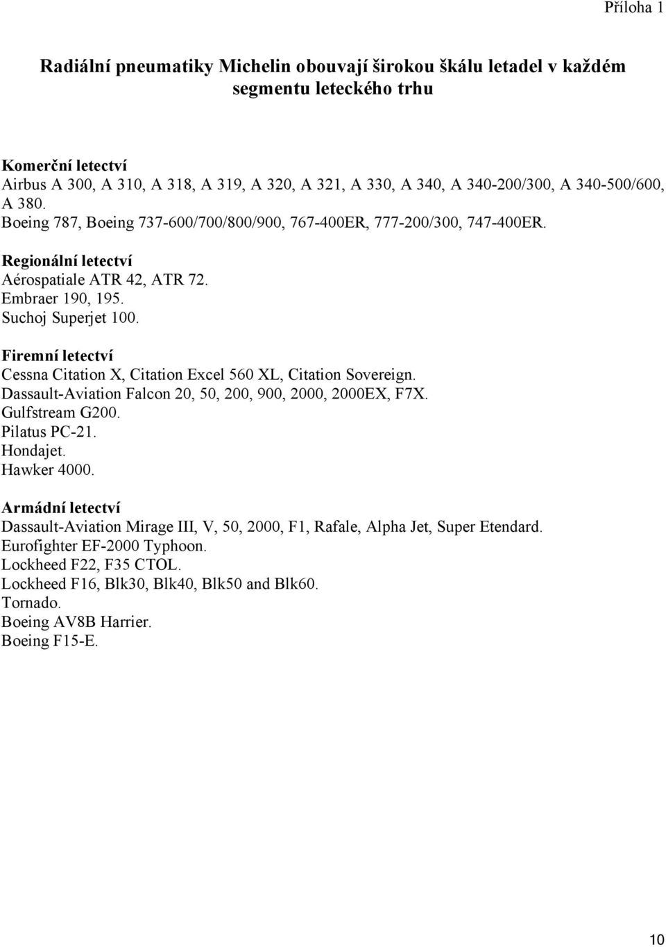 Firemní letectví Cessna Citation X, Citation Excel 560 XL, Citation Sovereign. Dassault-Aviation Falcon 20, 50, 200, 900, 2000, 2000EX, F7X. Gulfstream G200. Pilatus PC-21. Hondajet. Hawker 4000.