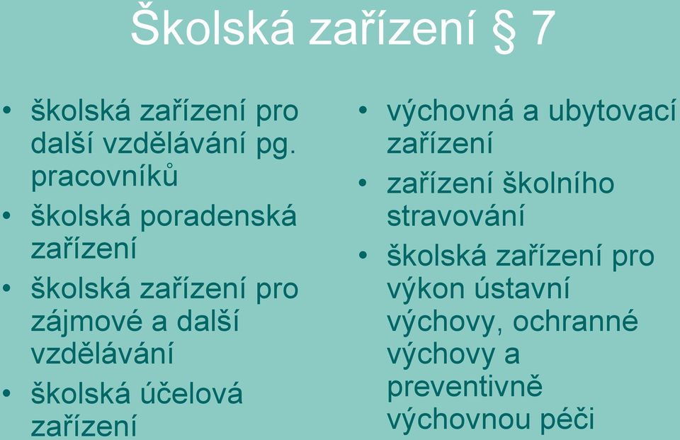 vzdělávání školská účelová zařízení výchovná a ubytovací zařízení zařízení