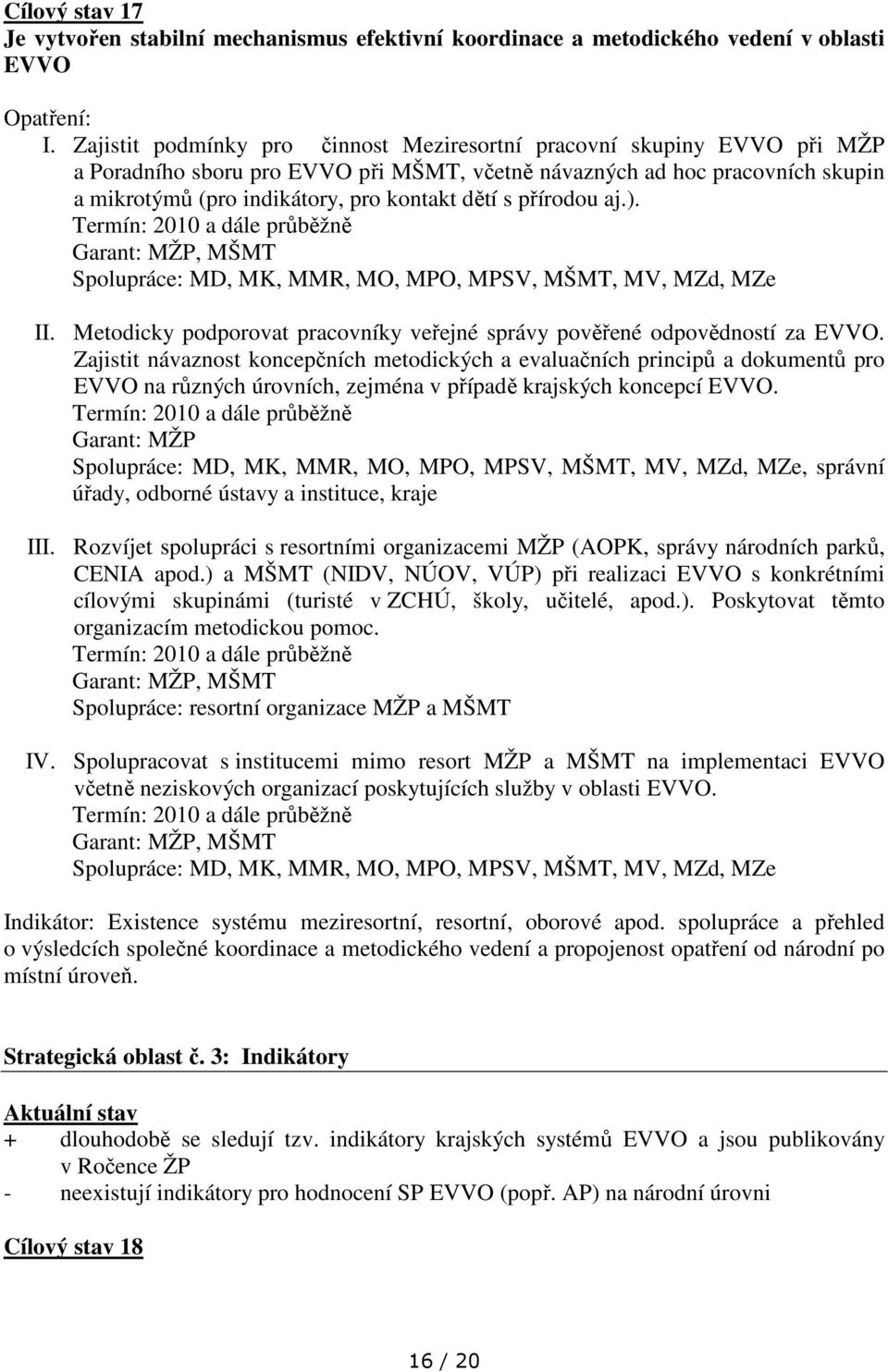 přírodou aj.)., MŠMT Spolupráce: MD, MK, MMR, MO, MPO, MPSV, MŠMT, MV, MZd, MZe II. Metodicky podporovat pracovníky veřejné správy pověřené odpovědností za EVVO.