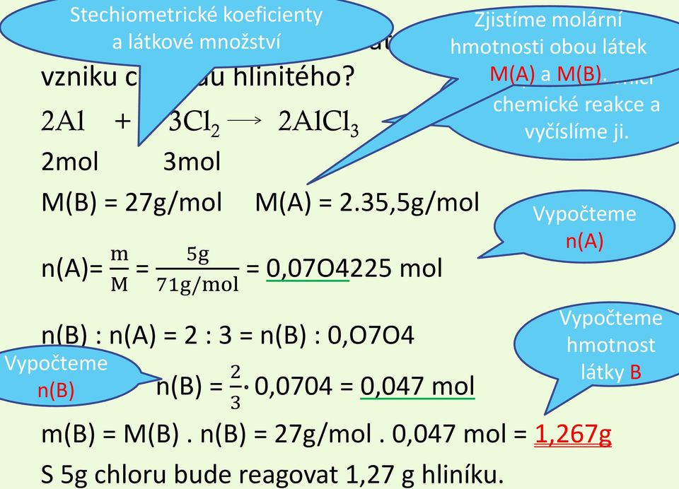 35,5g/mol = 0,07O4225 mol n(b) : n(a) = 2 : 3 = n(b) : 0,O7O4 Vypočteme n(b) n(b) = 2 0,0704 = 0,047 mol 3 m(b) = M(B).