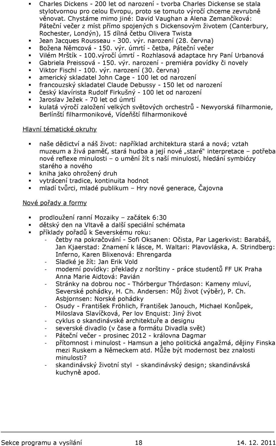 - 300. výr. narození (28. června) Božena Němcová - 150. výr. úmrtí - četba, Páteční večer Vilém Mrštík - 100.výročí úmrtí - Rozhlasová adaptace hry Paní Urbanová Gabriela Preissová - 150. výr. narození - premiéra povídky či novely Viktor Fischl - 100.