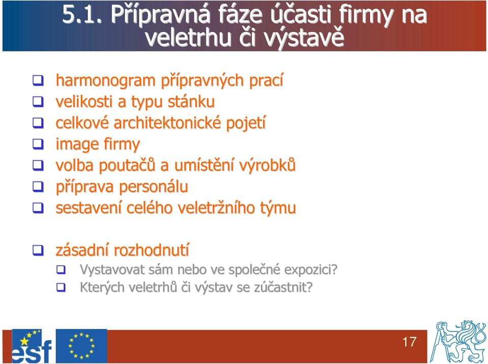 poutačů a umíst stění výrobků příprava prava personálu sestavení celého veletržního týmu