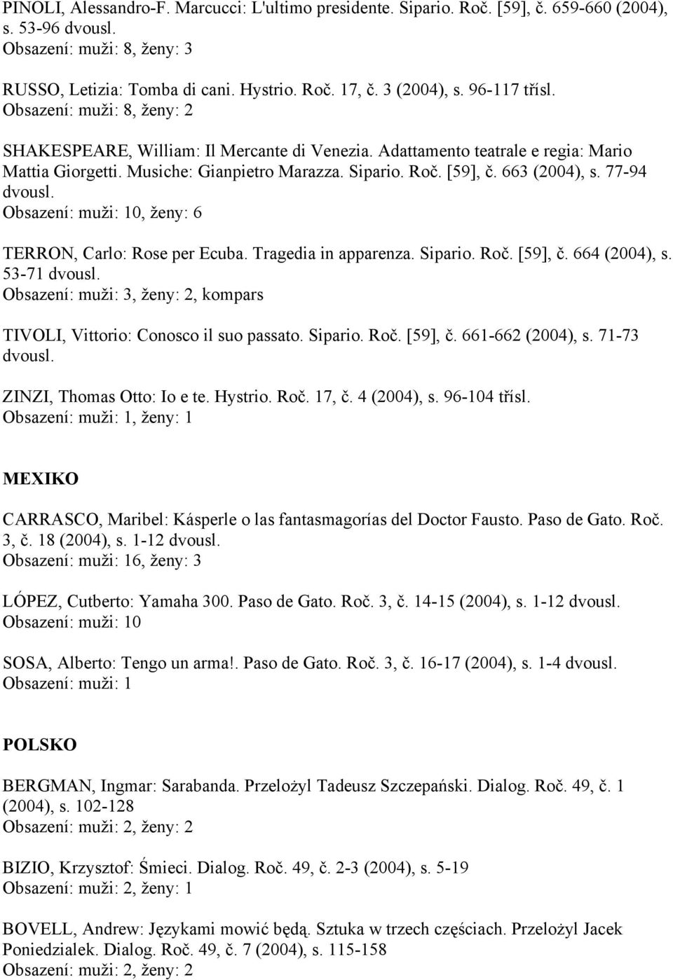 663 (2004), s. 77-94 dvousl. Obsazení: muži: 10, ženy: 6 TERRON, Carlo: Rose per Ecuba. Tragedia in apparenza. Sipario. Roč. [59], č. 664 (2004), s. 53-71 dvousl.