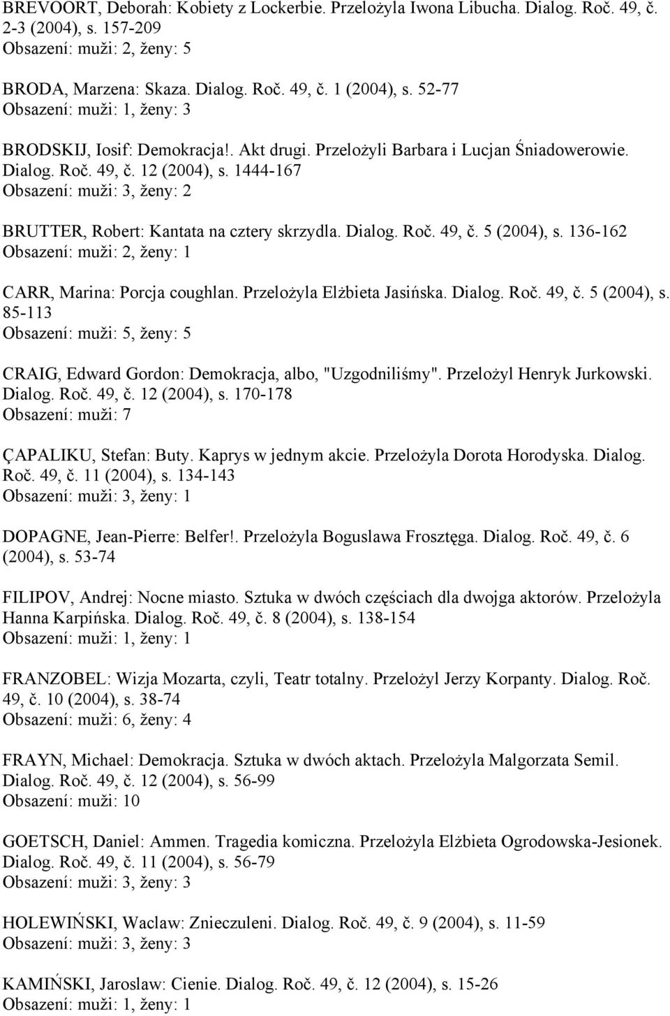 1444-167 Obsazení: muži: 3, ženy: 2 BRUTTER, Robert: Kantata na cztery skrzydla. Dialog. Roč. 49, č. 5 (2004), s.