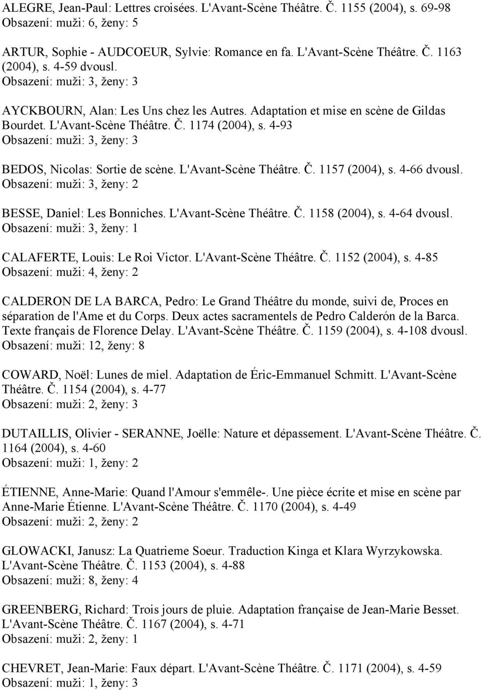 L'Avant-Scène Théâtre. Č. 1157 (2004), s. 4-66 dvousl. Obsazení: muži: 3, ženy: 2 BESSE, Daniel: Les Bonniches. L'Avant-Scène Théâtre. Č. 1158 (2004), s. 4-64 dvousl.