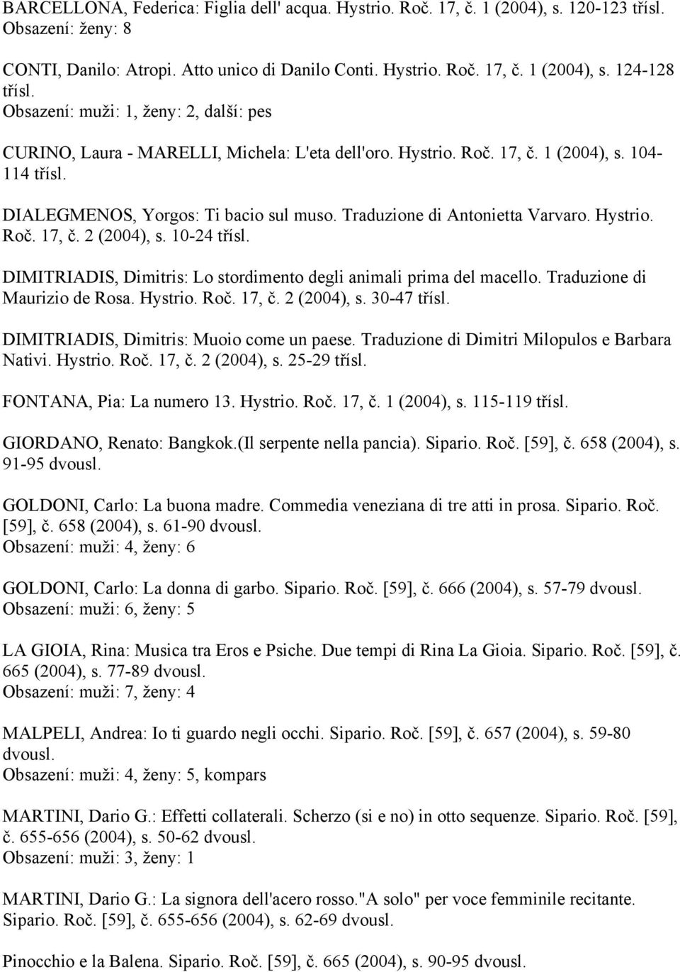 Traduzione di Antonietta Varvaro. Hystrio. Roč. 17, č. 2 (2004), s. 10-24 třísl. DIMITRIADIS, Dimitris: Lo stordimento degli animali prima del macello. Traduzione di Maurizio de Rosa. Hystrio. Roč. 17, č. 2 (2004), s. 30-47 třísl.