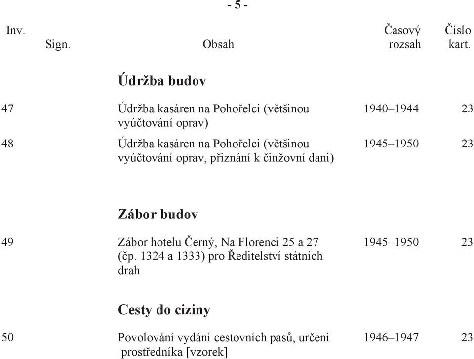 Poho elci (v tšinou 1945 1950 23 vyú tování oprav, p iznání k inžovní dani) Zábor budov 49 Zábor hotelu erný,