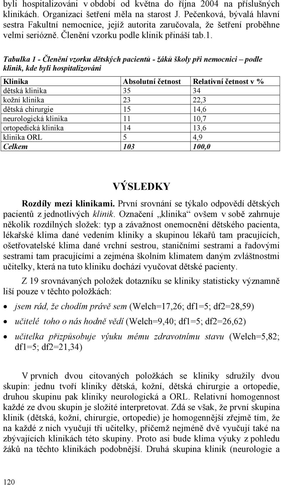 Tabulka 1 - Členění vzorku dětských pacientů - žáků školy při nemocnici podle klinik, kde byli hospitalizováni Klinika Absolutní četnost Relativní četnost v % dětská klinika 35 34 kožní klinika 23