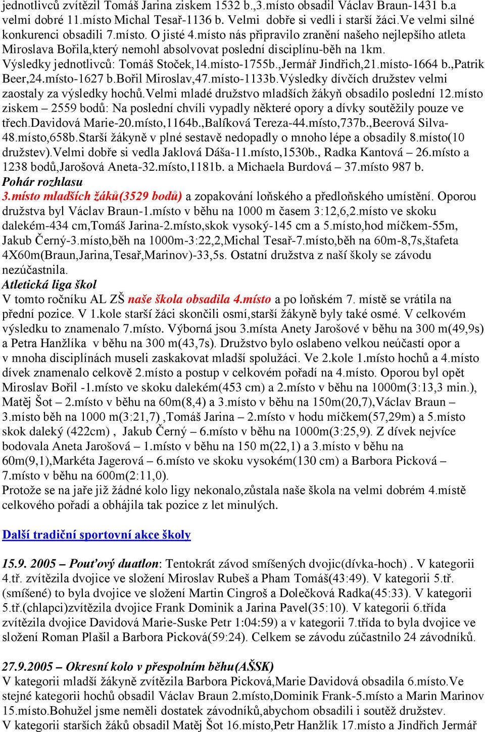 Výsledky jednotlivců: Tomáš Stoček,14.místo-1755b.,Jermář Jindřich,21.místo-1664 b.,patrik Beer,24.místo-1627 b.bořil Miroslav,47.místo-1133b.