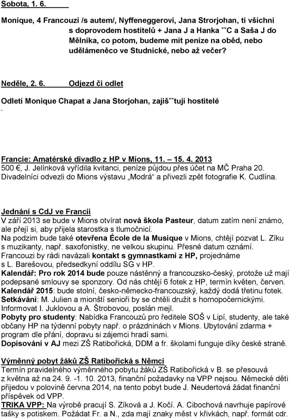 Studnické, nebo až večer? Neděle, 2. 6. Odjezd či odlet Odletí Monique Chapat a Jana Storjohan, zajišˇˇtují hostitelé Francie: Amatérské divadlo z HP v Mions, 11. 15. 4. 2013 500, J.