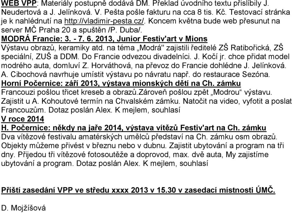 2013, Junior Festiv'art v Mions Výstavu obrazů, keramiky atd. na téma Modrá" zajistili ředitelé ZŠ Ratibořická, ZŠ speciální, ZUŠ a DDM. Do Francie odvezou divadelníci. J. Kočí jr.