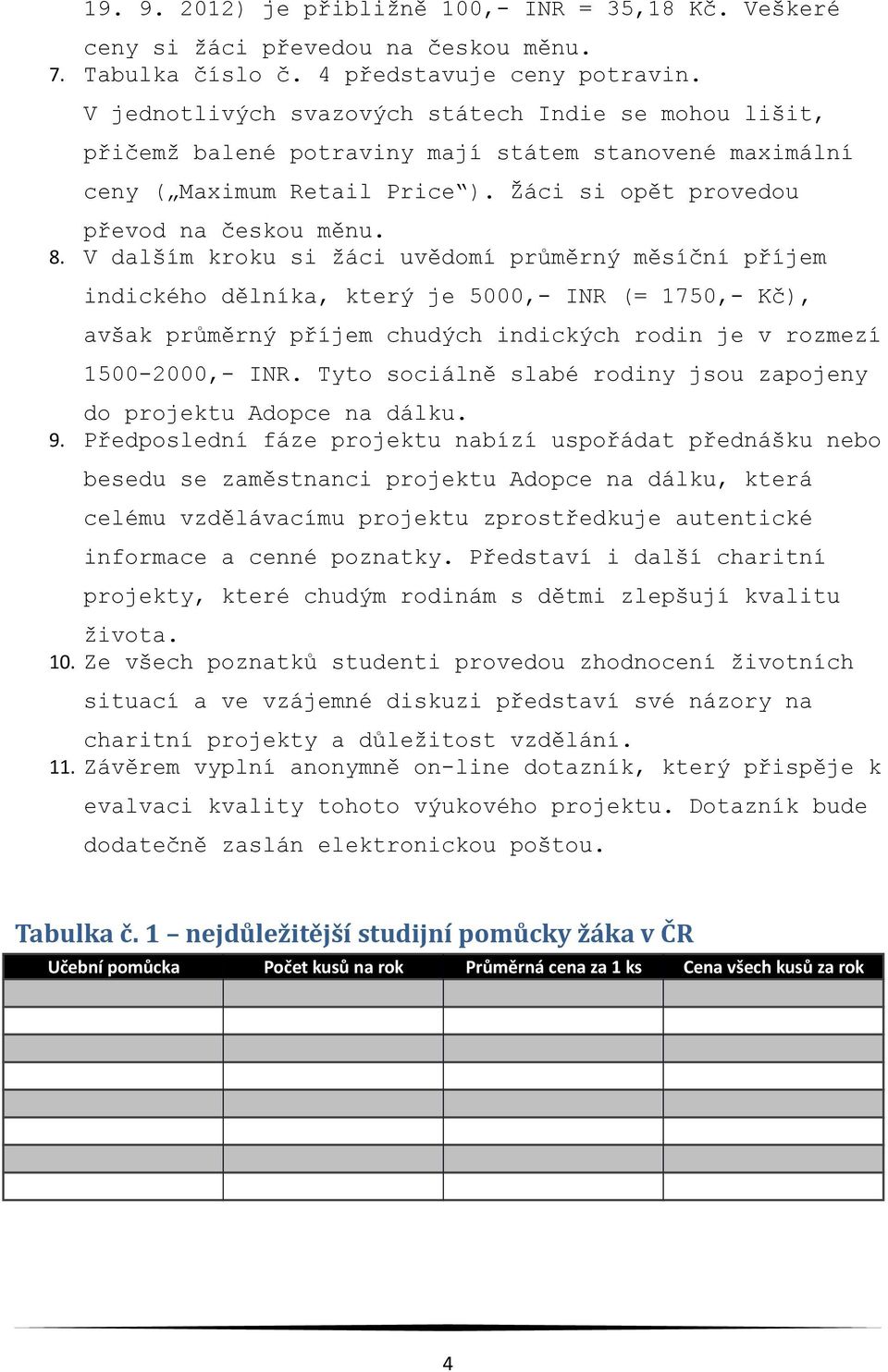 V dalším kroku si žáci uvědomí průměrný měsíční příjem indického dělníka, který je 5000,- INR (= 1750,- Kč), avšak průměrný příjem chudých indických rodin je v rozmezí 1500-2000,- INR.