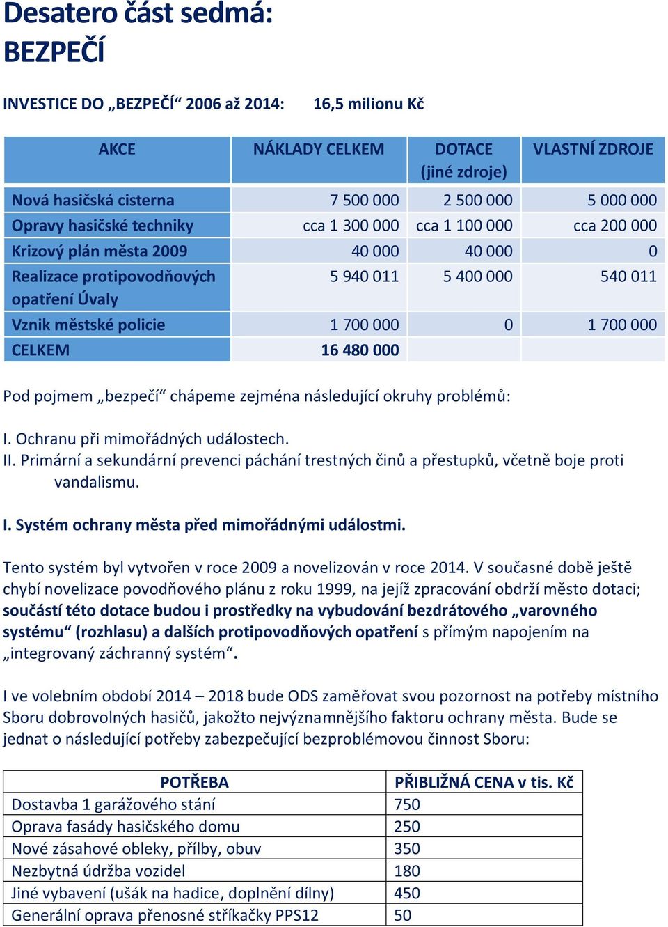 0 1 700 000 CELKEM 16 480 000 Pod pojmem bezpečí chápeme zejména následující okruhy problémů: I. Ochranu při mimořádných událostech. II.