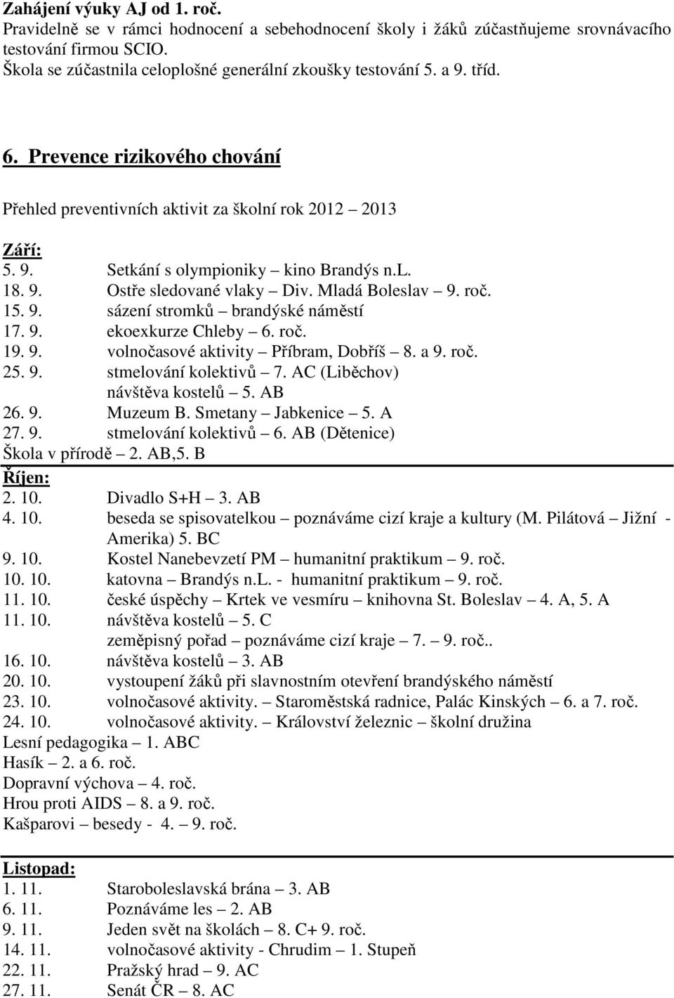 roč. 15. 9. sázení stromků brandýské náměstí 17. 9. ekoexkurze Chleby 6. roč. 19. 9. volnočasové aktivity Příbram, Dobříš 8. a 9. roč. 25. 9. stmelování kolektivů 7. AC (Liběchov) návštěva kostelů 5.