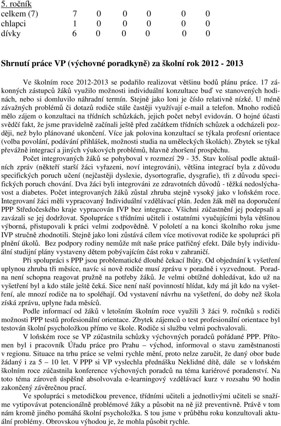 U méně závažných problémů či dotazů rodiče stále častěji využívají e-mail a telefon. Mnoho rodičů mělo zájem o konzultaci na třídních schůzkách, jejich počet nebyl evidován.