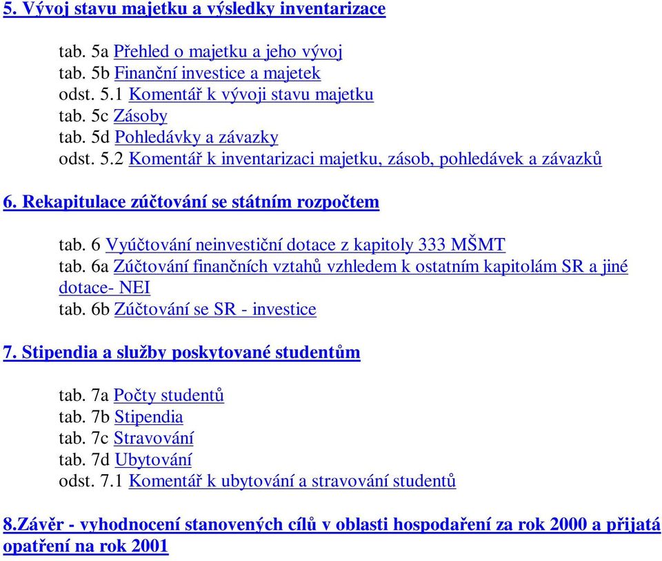 6 Vyútování neinvestiní dotace z kapitoly 333 MŠMT tab. 6a Zútování finanních vztah vzhledem k ostatním kapitolám SR a jiné dotace- NEI tab. 6b Zútování se SR - investice 7.