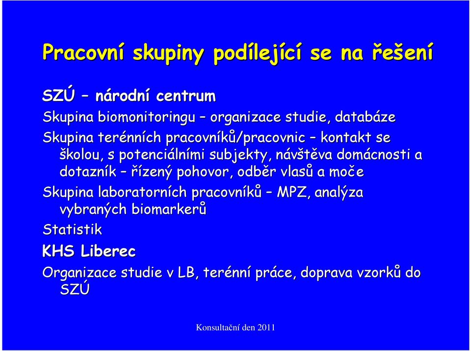 domácnosti a dotazník řízený pohovor, odběr vlasů a moče Skupina laboratorních pracovníků MPZ, analýza